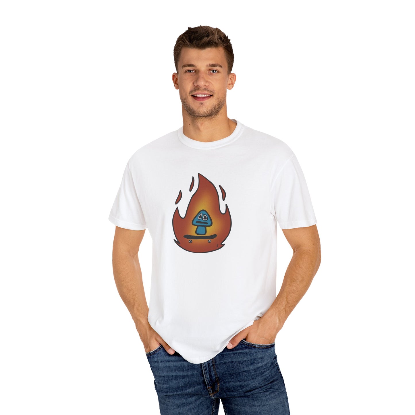 Blazing Mushroom | Skating Mushroom on Fire Themed Unisex Garment-Dyed T-Shirt, Cool Graphic Tee, Casual Wear, Summer Essential, Gifts for Friends