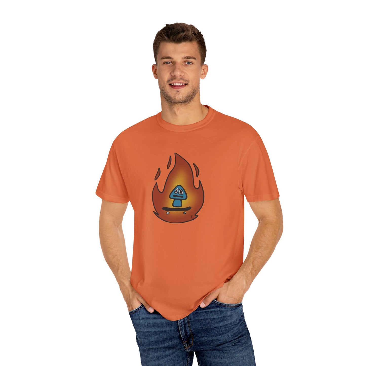 Blazing Mushroom | Skating Mushroom on Fire Themed Unisex Garment-Dyed T-Shirt, Cool Graphic Tee, Casual Wear, Summer Essential, Gifts for Friends