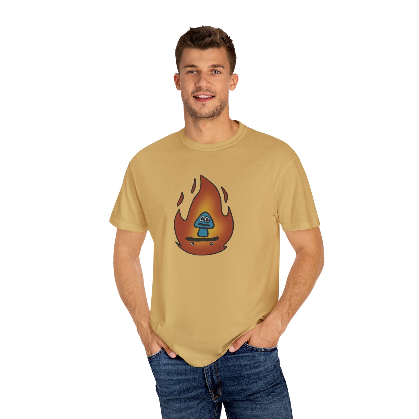 Blazing Mushroom | Skating Mushroom on Fire Themed Unisex Garment-Dyed T-Shirt, Cool Graphic Tee, Casual Wear, Summer Essential, Gifts for Friends