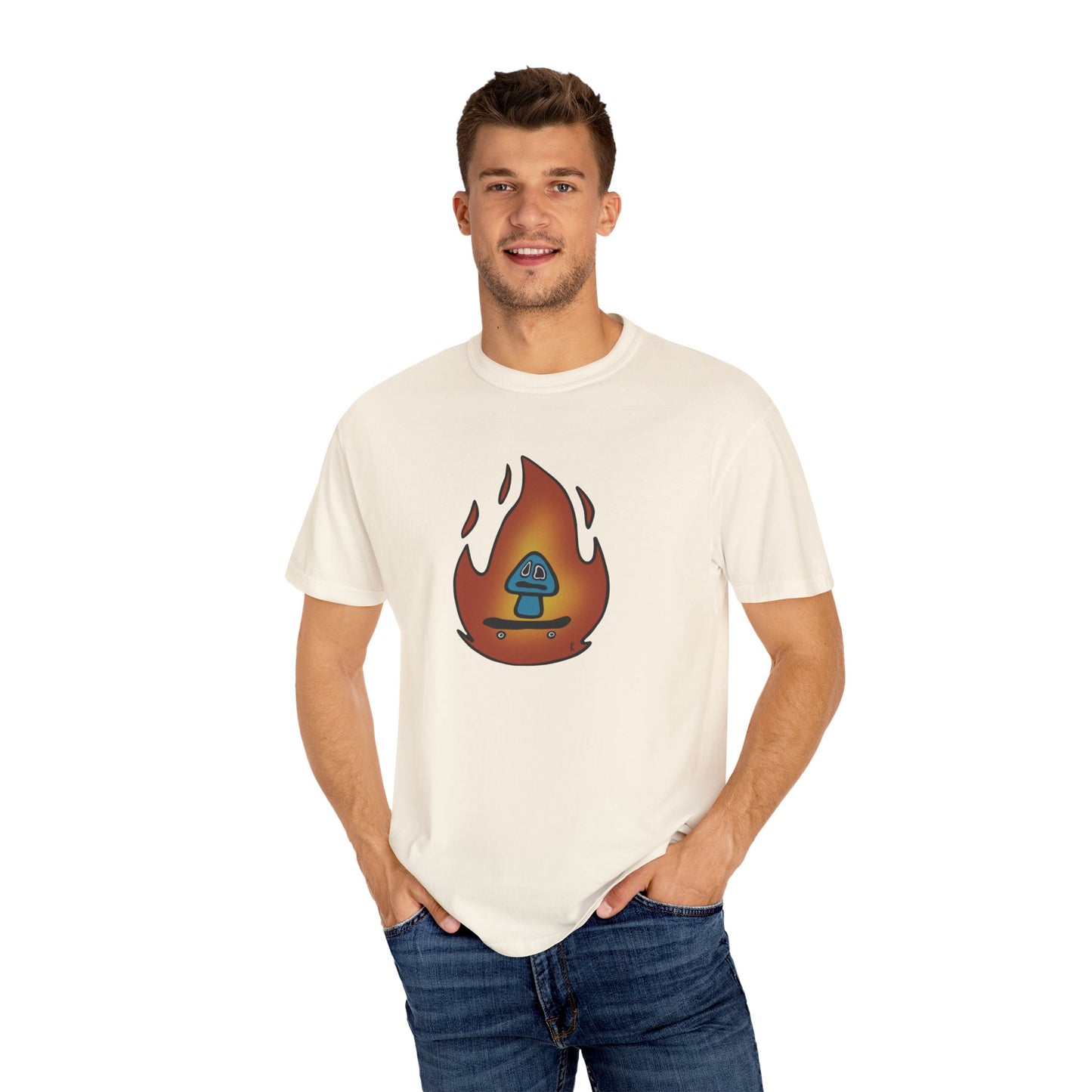 Blazing Mushroom | Skating Mushroom on Fire Themed Unisex Garment-Dyed T-Shirt, Cool Graphic Tee, Casual Wear, Summer Essential, Gifts for Friends