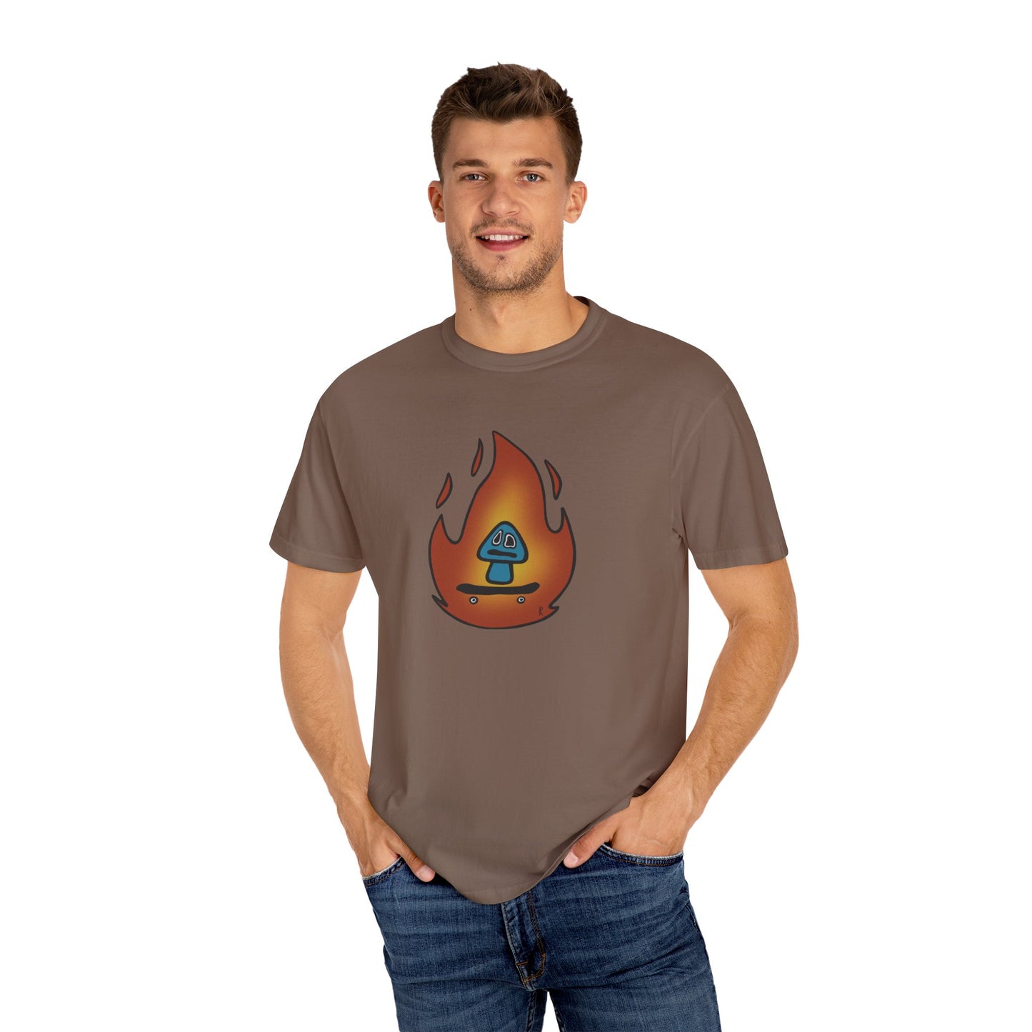Blazing Mushroom | Skating Mushroom on Fire Themed Unisex Garment-Dyed T-Shirt, Cool Graphic Tee, Casual Wear, Summer Essential, Gifts for Friends