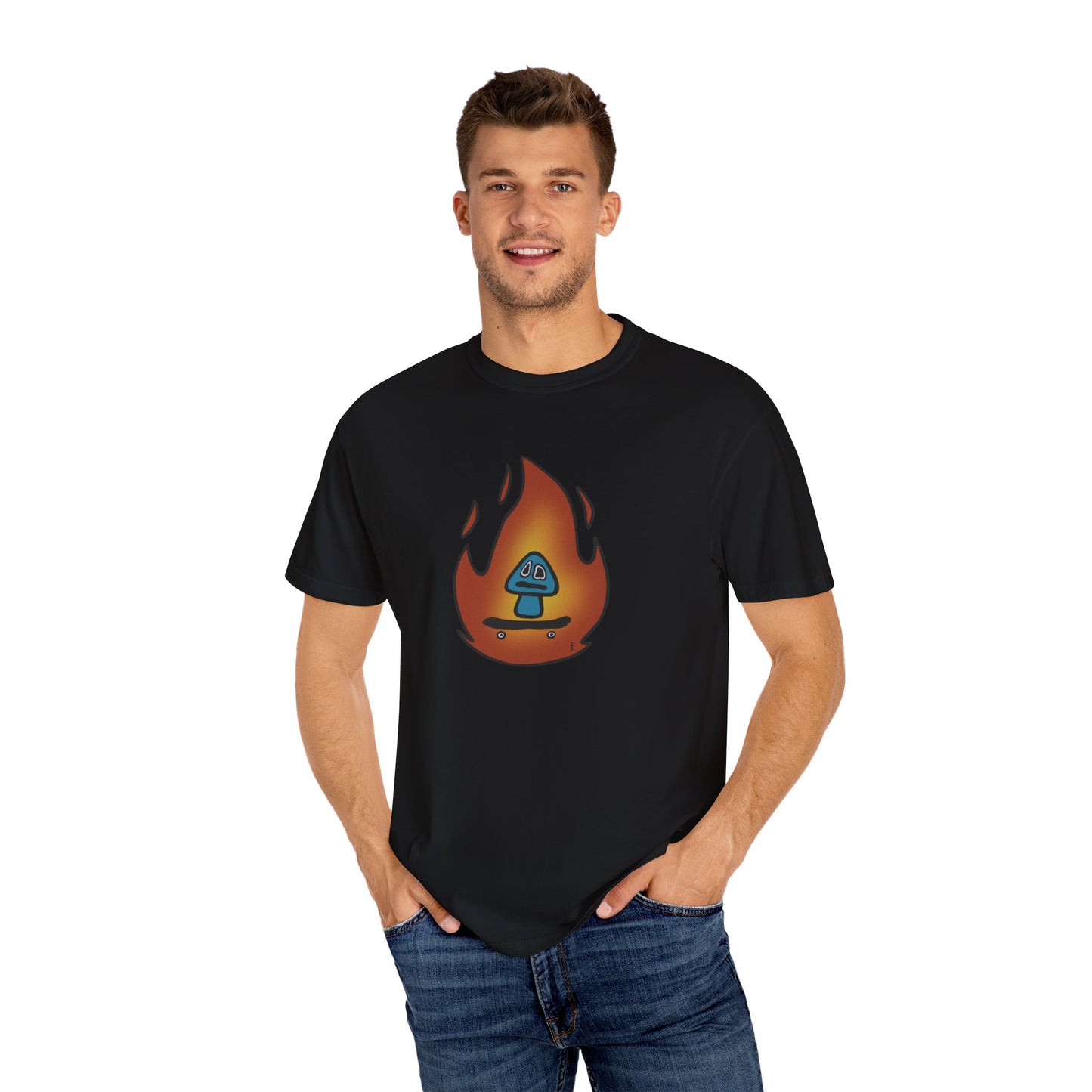 Blazing Mushroom | Skating Mushroom on Fire Themed Unisex Garment-Dyed T-Shirt, Cool Graphic Tee, Casual Wear, Summer Essential, Gifts for Friends
