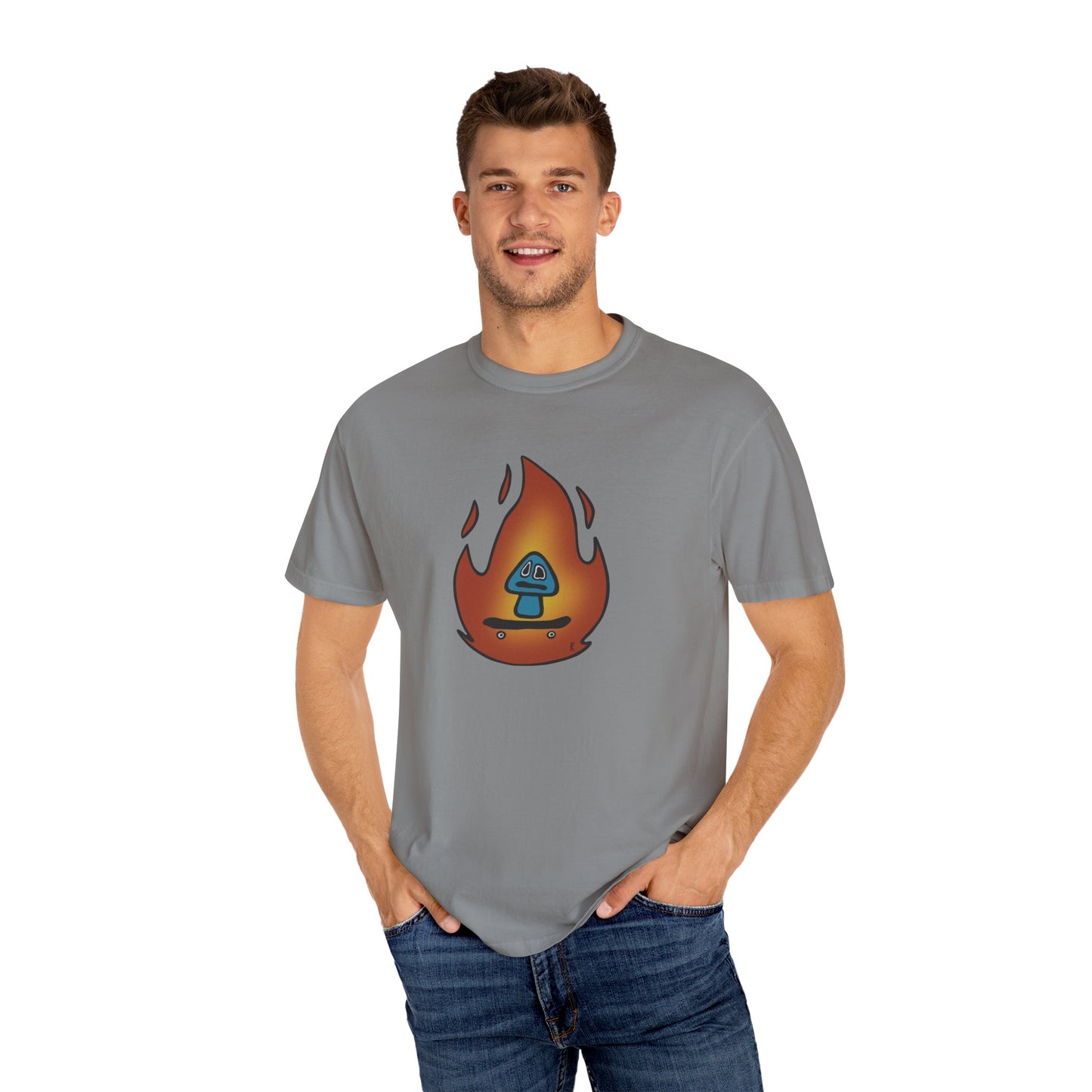 Blazing Mushroom | Skating Mushroom on Fire Themed Unisex Garment-Dyed T-Shirt, Cool Graphic Tee, Casual Wear, Summer Essential, Gifts for Friends