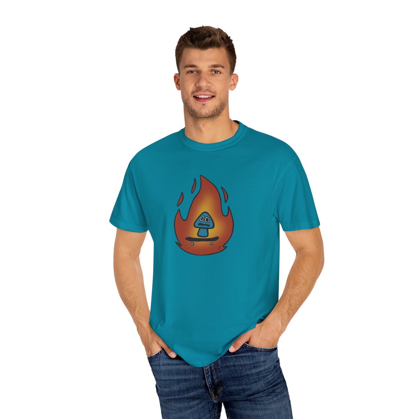 Blazing Mushroom | Skating Mushroom on Fire Themed Unisex Garment-Dyed T-Shirt, Cool Graphic Tee, Casual Wear, Summer Essential, Gifts for Friends