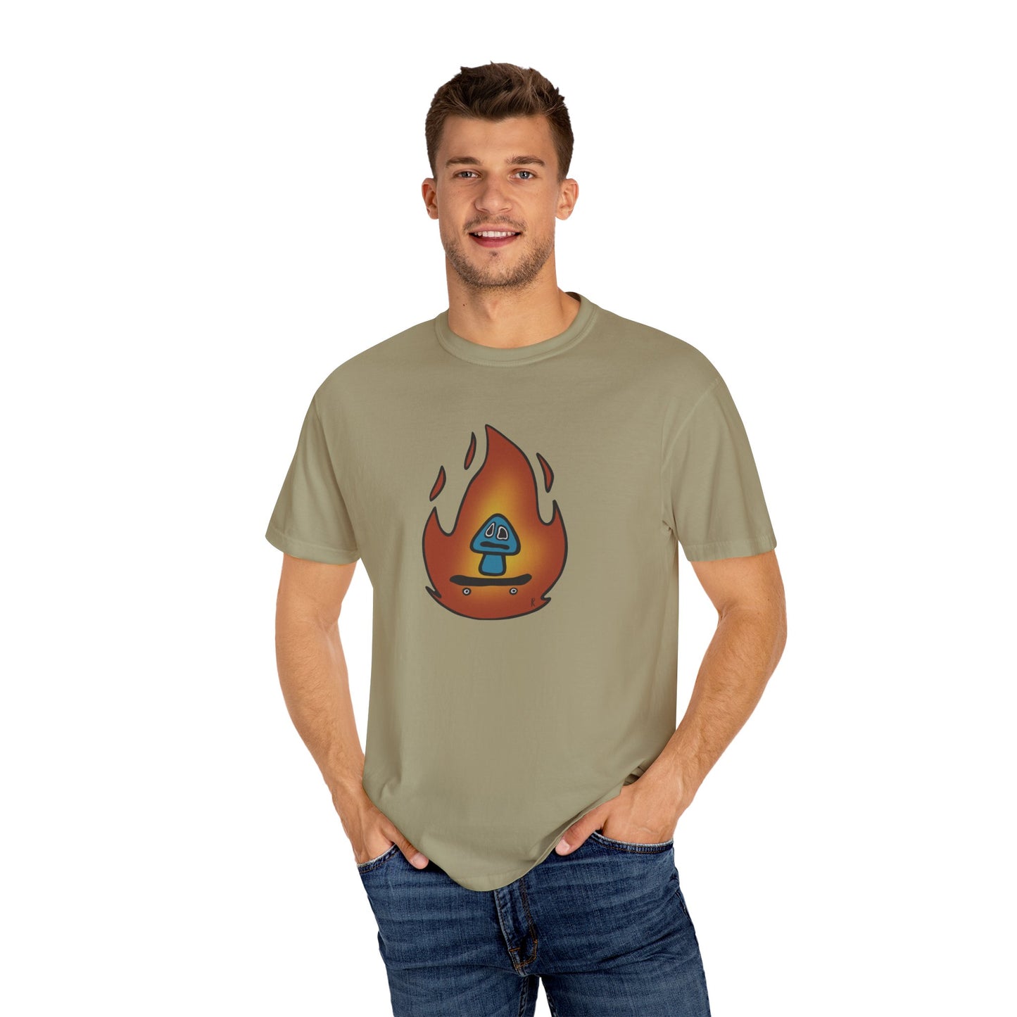 Blazing Mushroom | Skating Mushroom on Fire Themed Unisex Garment-Dyed T-Shirt, Cool Graphic Tee, Casual Wear, Summer Essential, Gifts for Friends