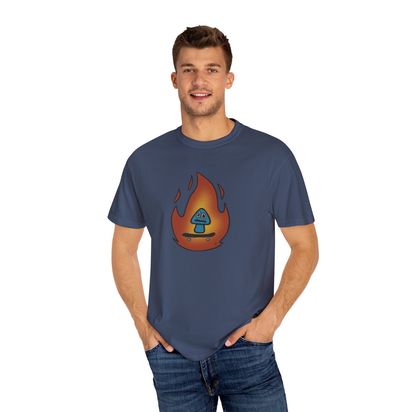 Blazing Mushroom | Skating Mushroom on Fire Themed Unisex Garment-Dyed T-Shirt, Cool Graphic Tee, Casual Wear, Summer Essential, Gifts for Friends