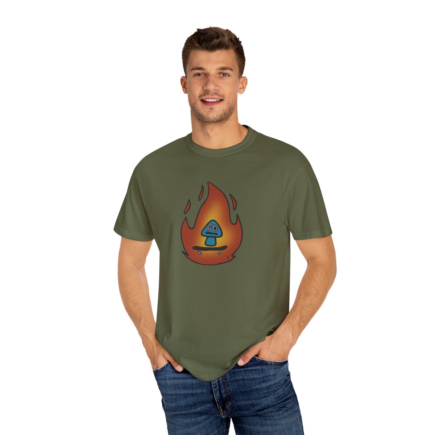 Blazing Mushroom | Skating Mushroom on Fire Themed Unisex Garment-Dyed T-Shirt, Cool Graphic Tee, Casual Wear, Summer Essential, Gifts for Friends