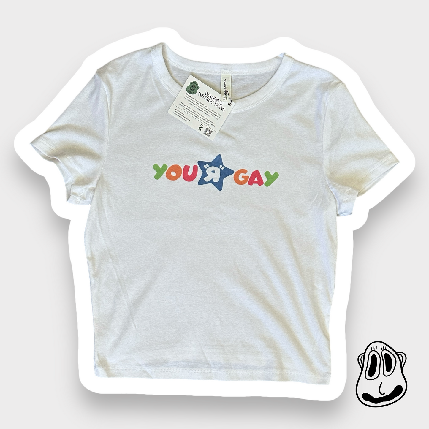 You R Gay Baby Tee | Handmade Fitted T-Shirt, LGBTQ+ Nostalgia Art