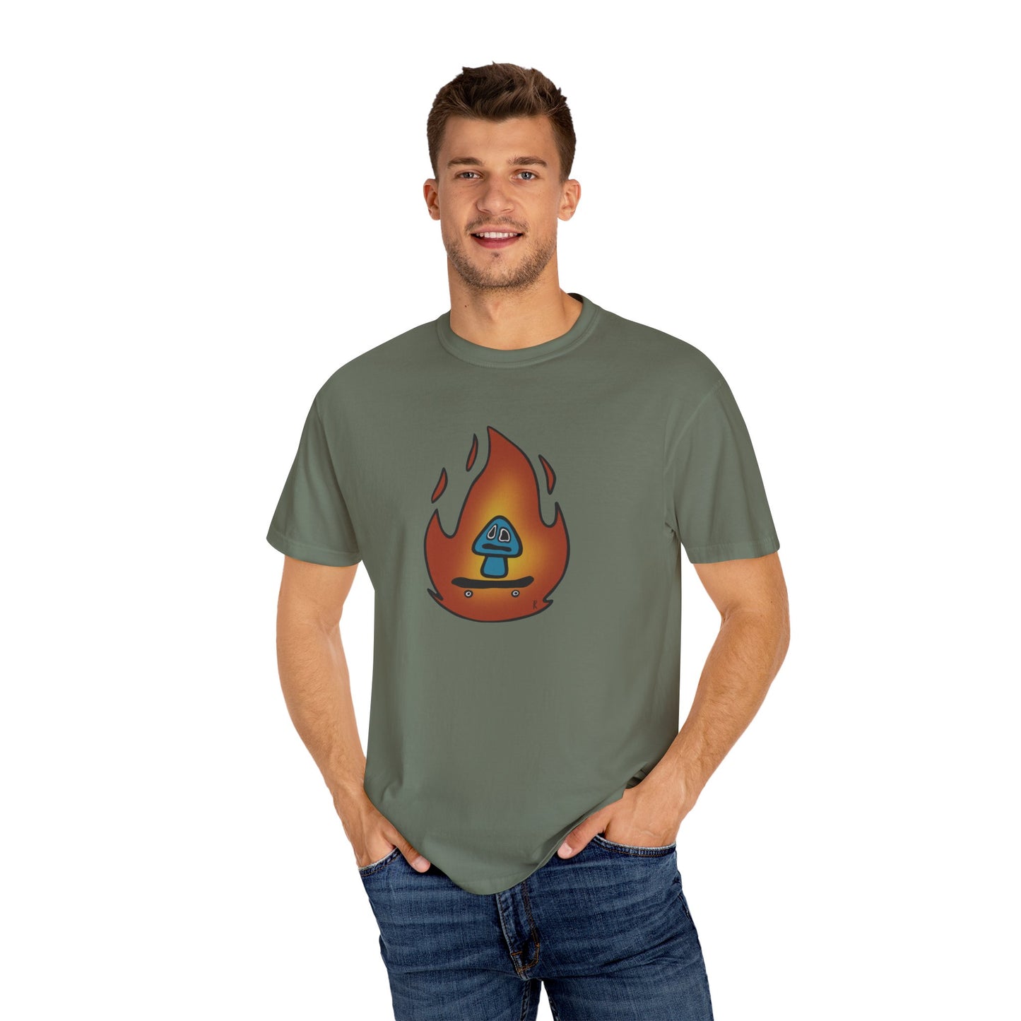 Blazing Mushroom | Skating Mushroom on Fire Themed Unisex Garment-Dyed T-Shirt, Cool Graphic Tee, Casual Wear, Summer Essential, Gifts for Friends