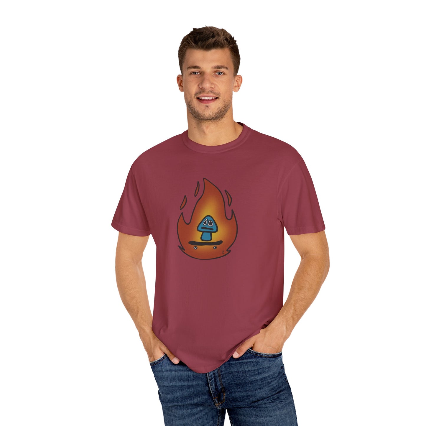 Blazing Mushroom | Skating Mushroom on Fire Themed Unisex Garment-Dyed T-Shirt, Cool Graphic Tee, Casual Wear, Summer Essential, Gifts for Friends