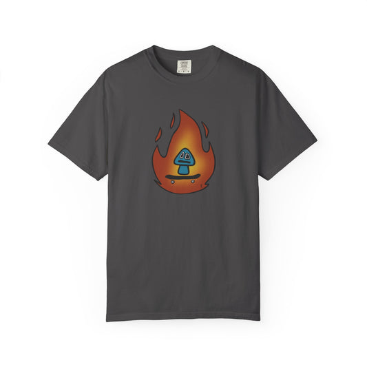 Blazing Mushroom | Skating Mushroom on Fire Themed Unisex Garment-Dyed T-Shirt, Cool Graphic Tee, Casual Wear, Summer Essential, Gifts for Friends