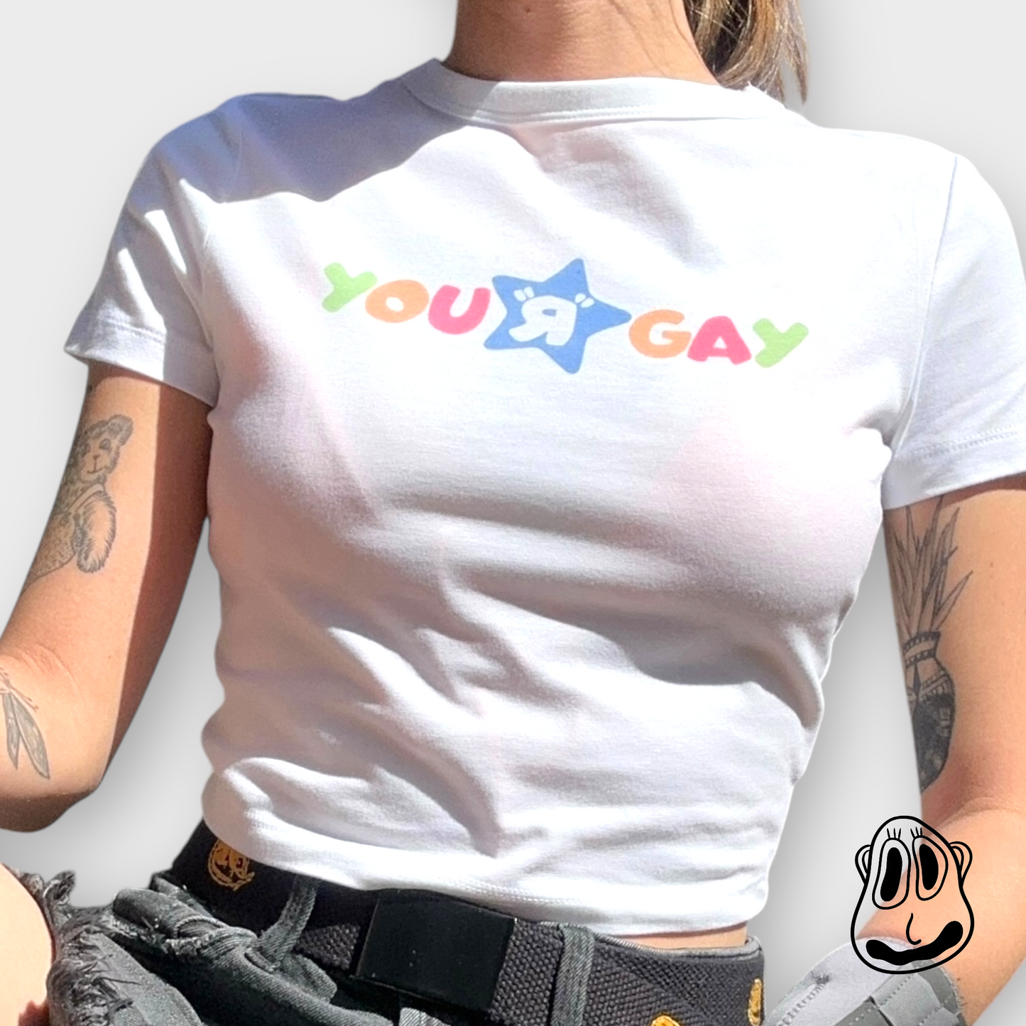 PRE-ORDER: You R Gay Baby Tee | Handmade Cropped T-Shirt, LGBTQ+ Nostalgia Art