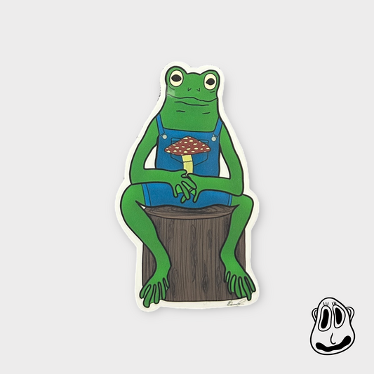 Frog on a Log (Toadstool) Sticker | Handmade Original Art Waterproof Vinyl Sticker