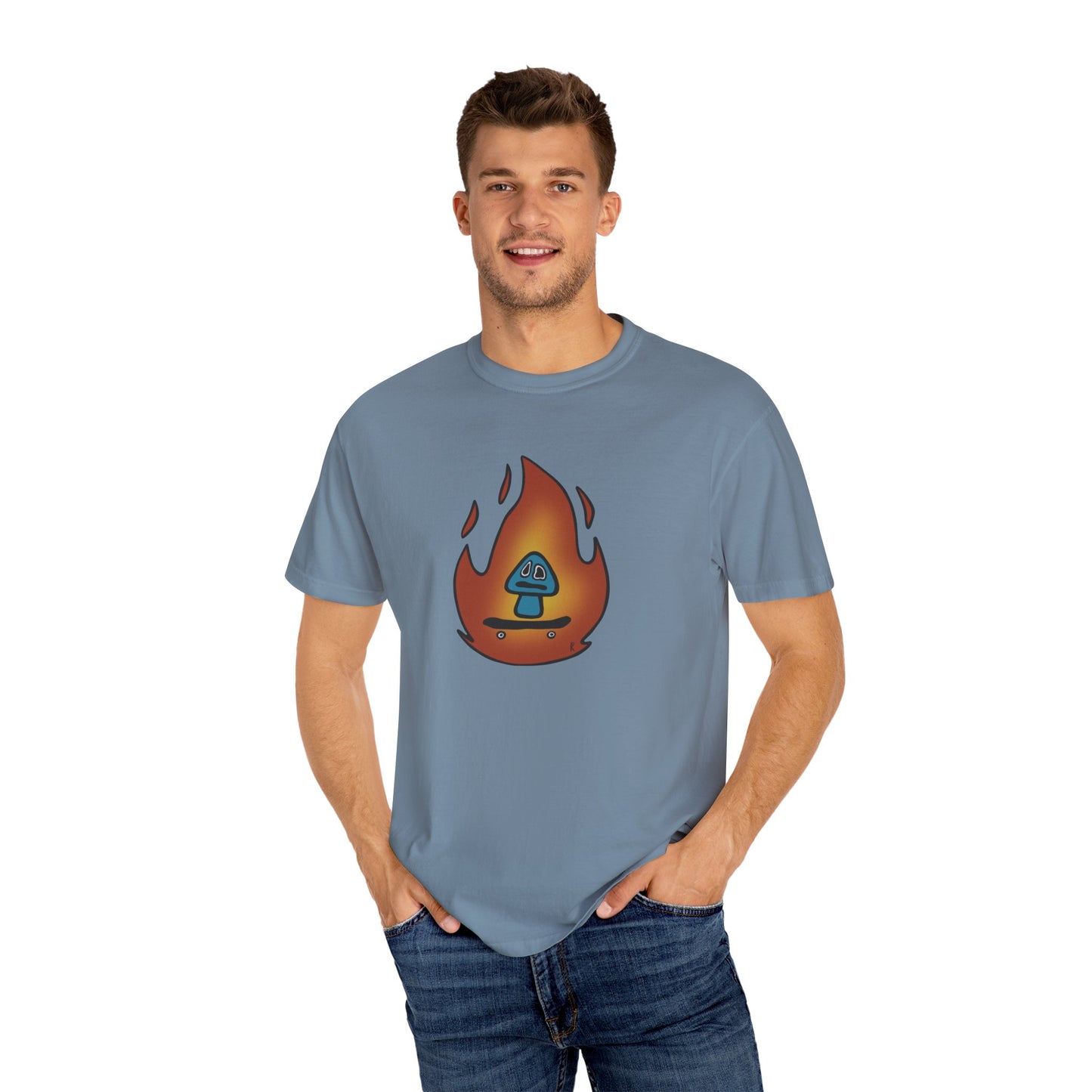 Blazing Mushroom | Skating Mushroom on Fire Themed Unisex Garment-Dyed T-Shirt, Cool Graphic Tee, Casual Wear, Summer Essential, Gifts for Friends