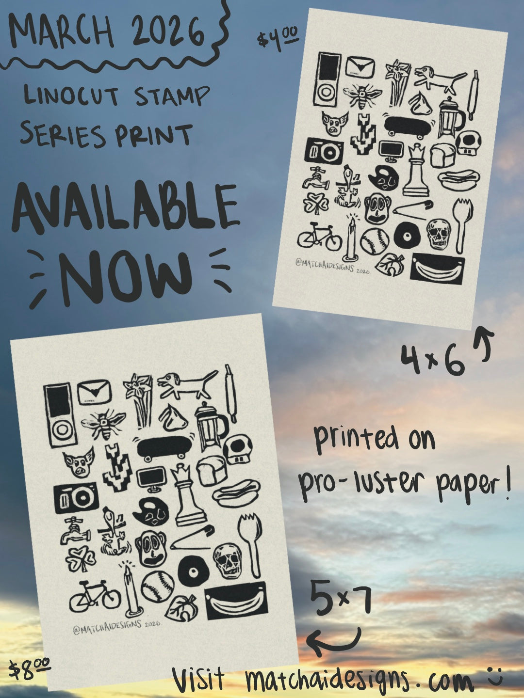 March Linocut Stamp Series Art Print