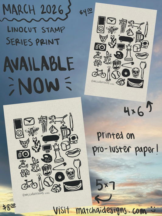 March Linocut Stamp Series Art Print